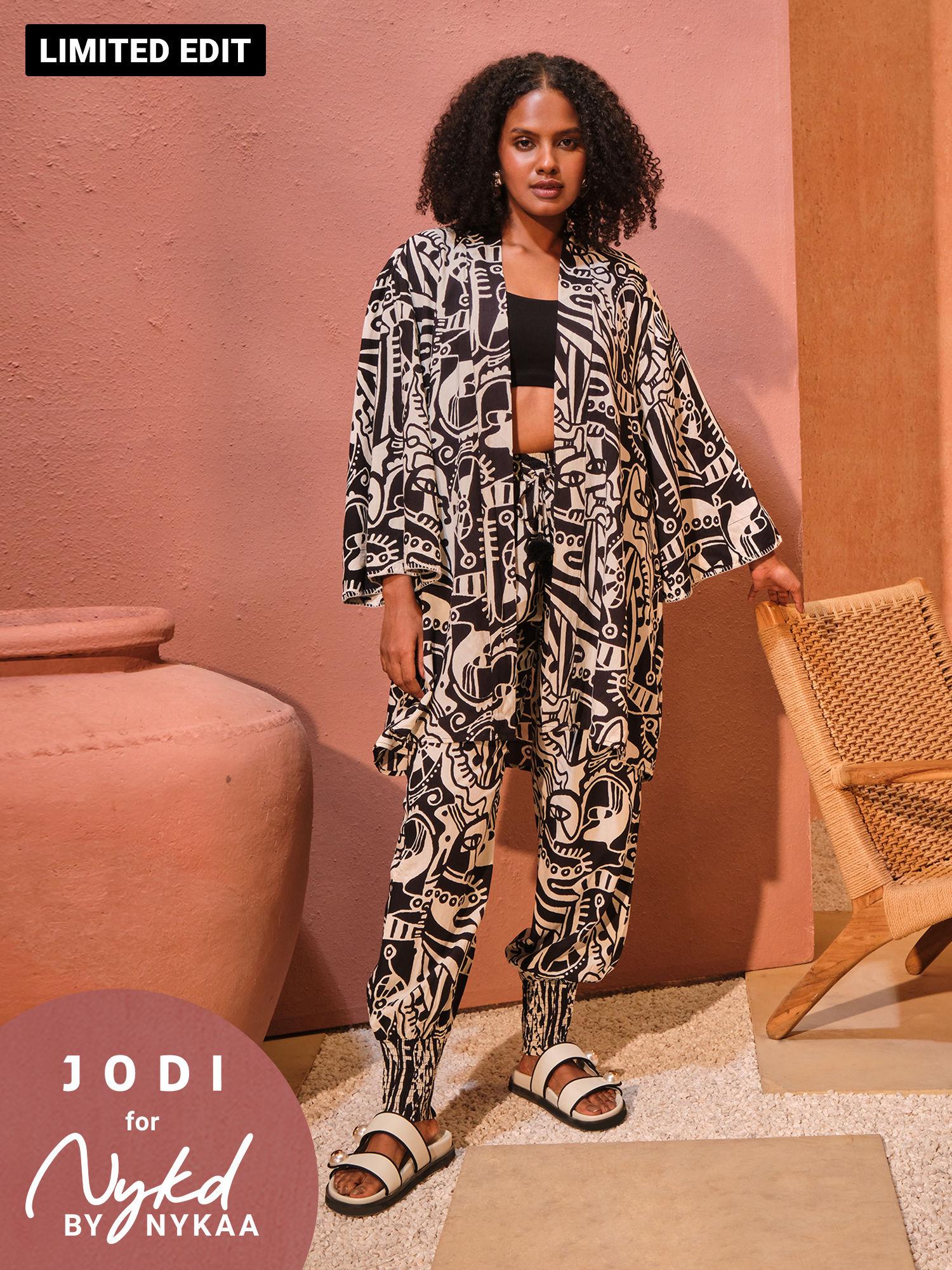 jodi x nykd modal shrug jacket with embroidered sleeves nyj10 black & white intertwined print