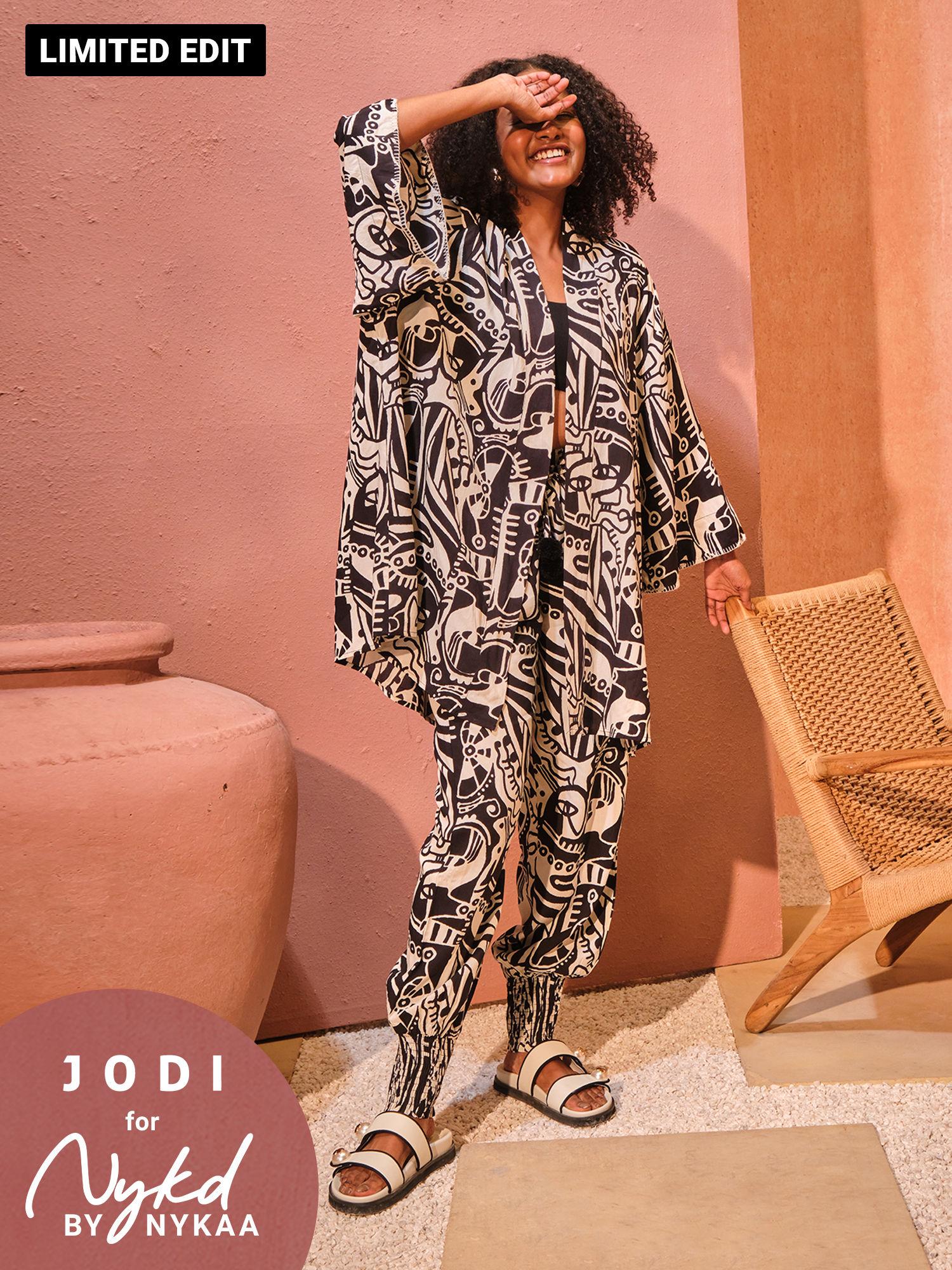 jodi x nykd modal smocked comfort pant with pompom tassels-black & white intertwined print-nyj05