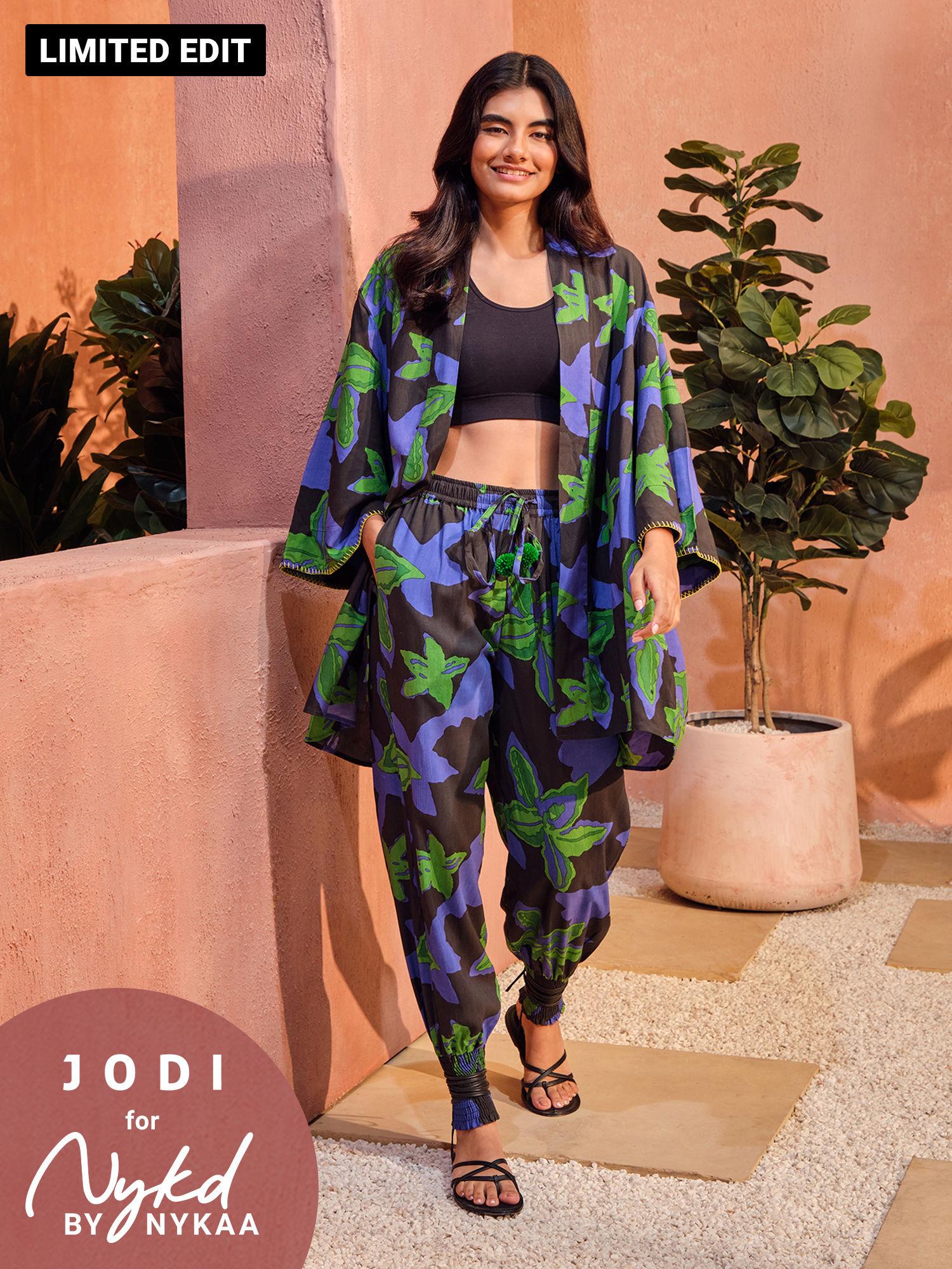 jodi x nykd modal smocked comfort pant with pompom tassels-green floral print-nyj05