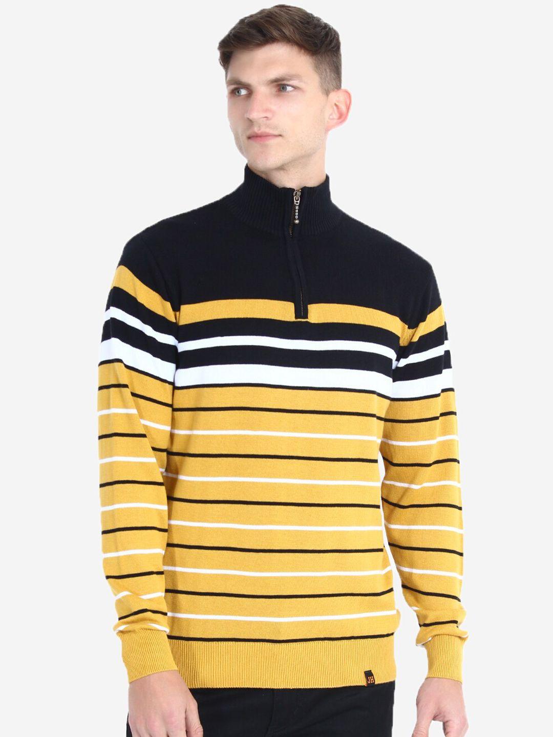 joe hazel men yellow & black striped pullover with zip detail