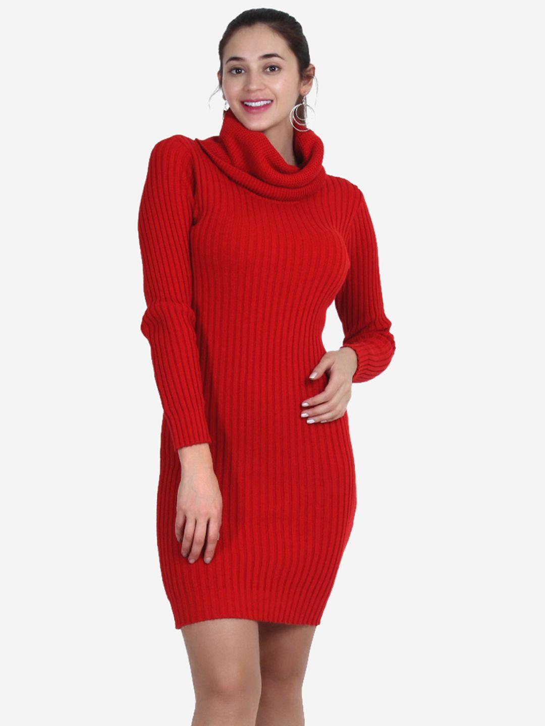joe hazel red solid pure cotton cowl neck sweater dress