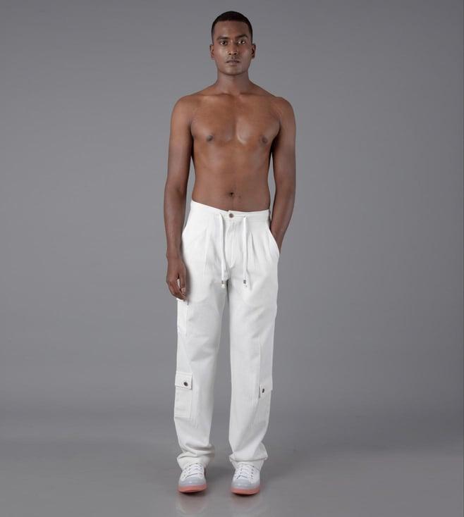 johargram men white solid cotton casual trouser