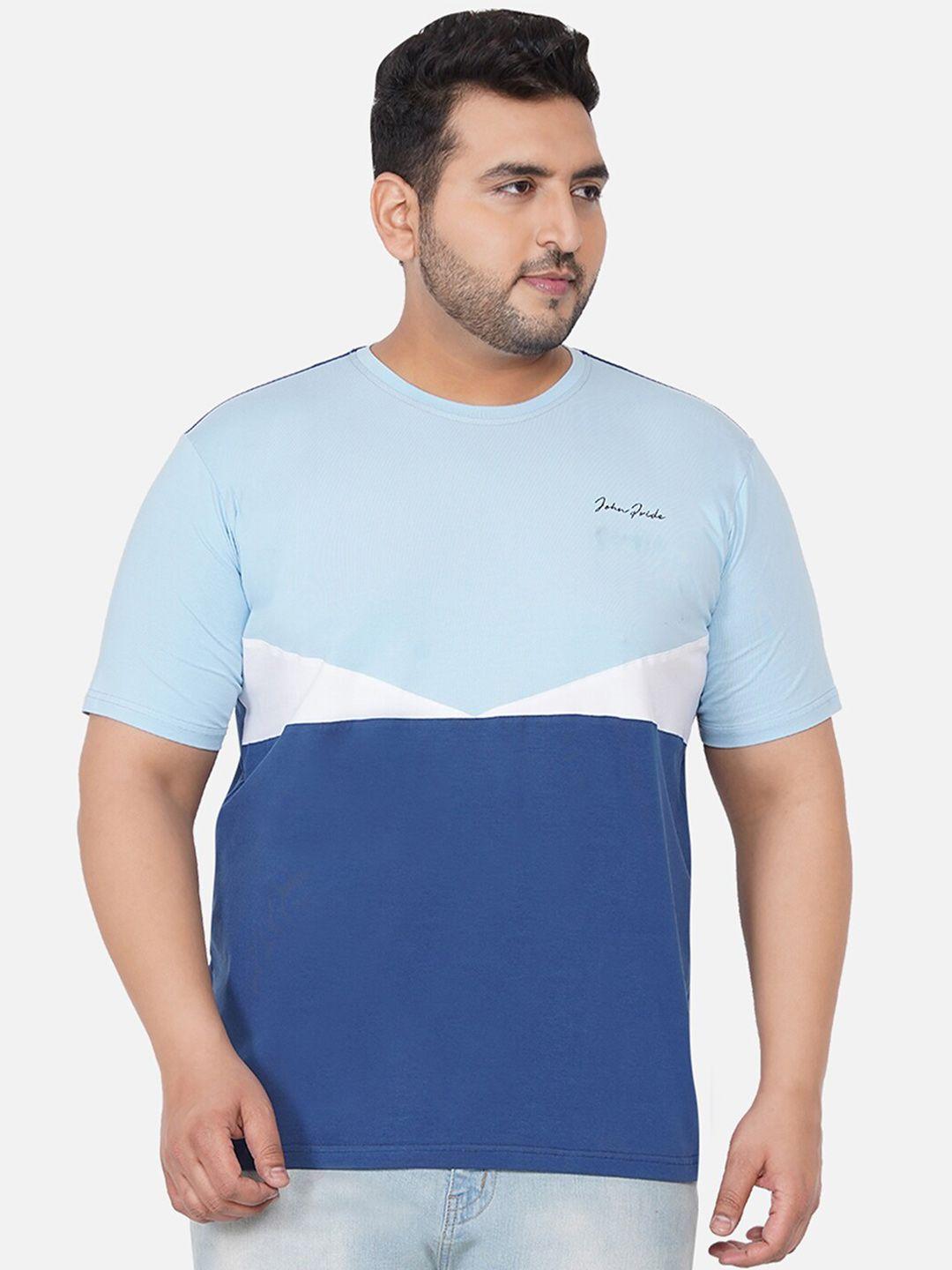 john pride men plus size blue & white colourblocked t-shirt
