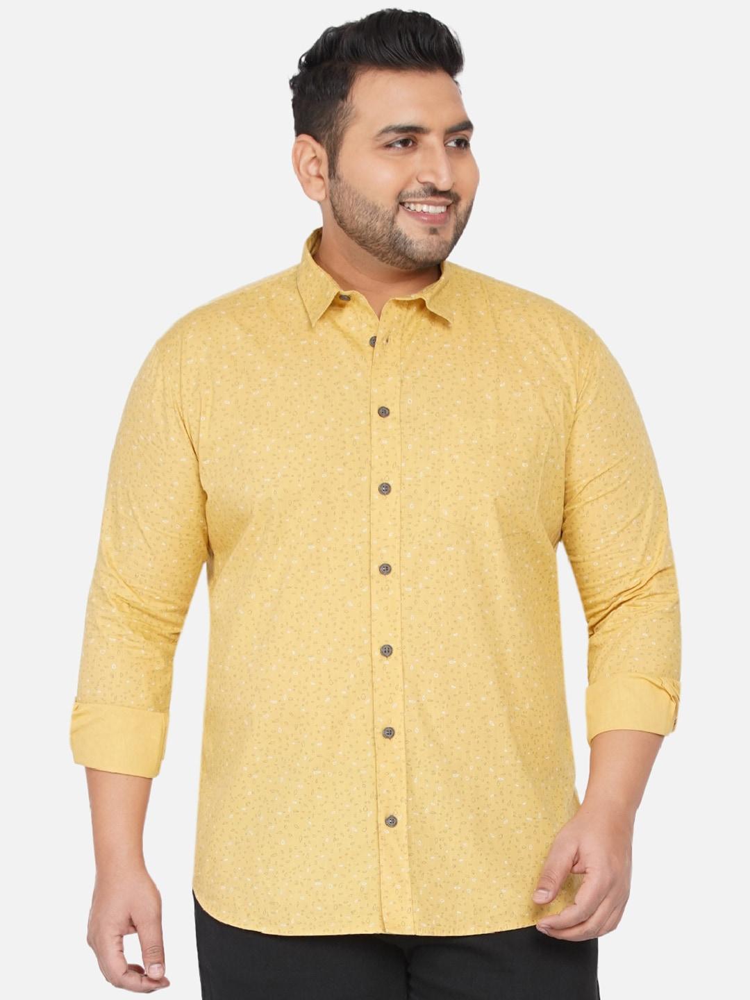 john pride men plus size yellow & white printed cotton plus size casual shirt
