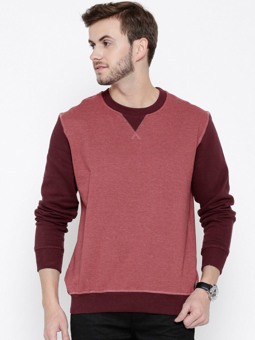 john players coral red & burgundy colourblocked slim sweatshirt