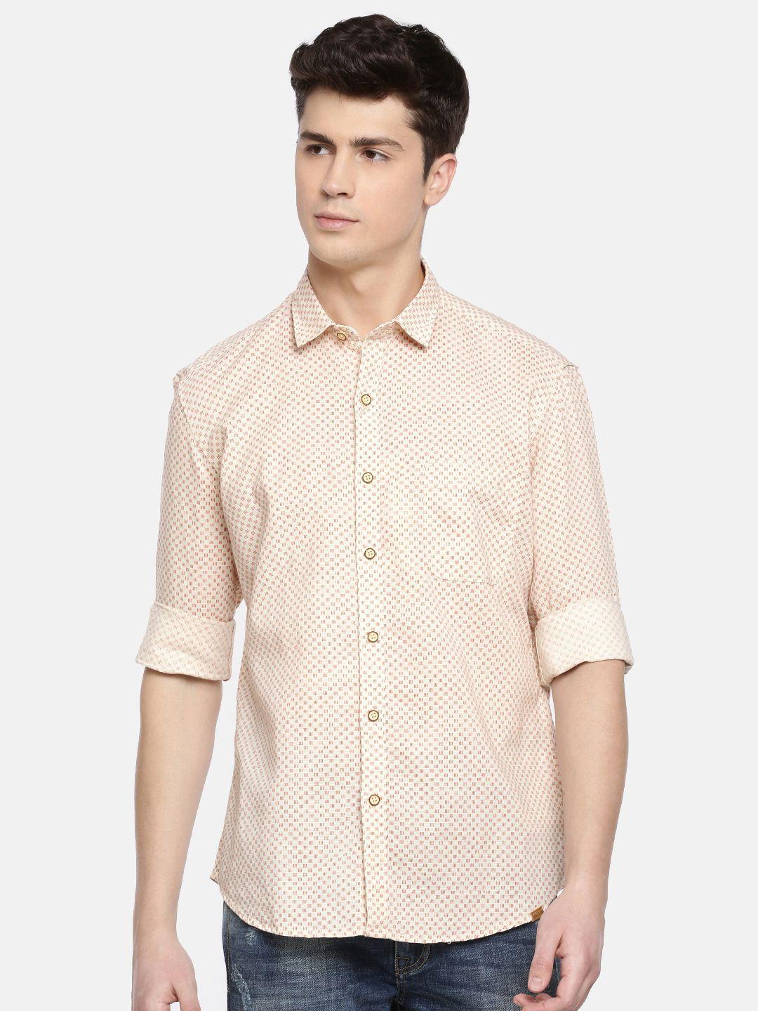 john players men beige & red trim fit printed casual shirt