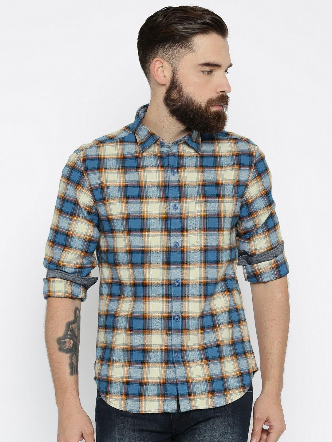 john players men blue regular fit checked casual shirt