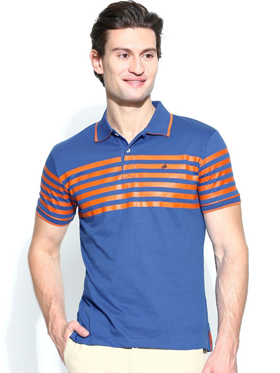 john players men blue striped polo pure cotton t-shirt