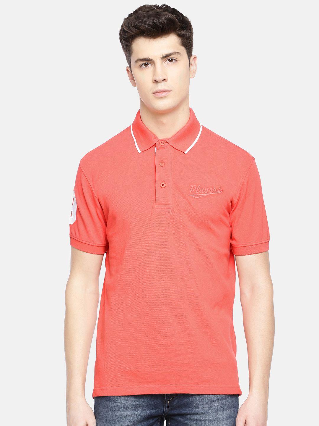 john players men coral pink solid slim fit polo collar pure cotton t-shirt