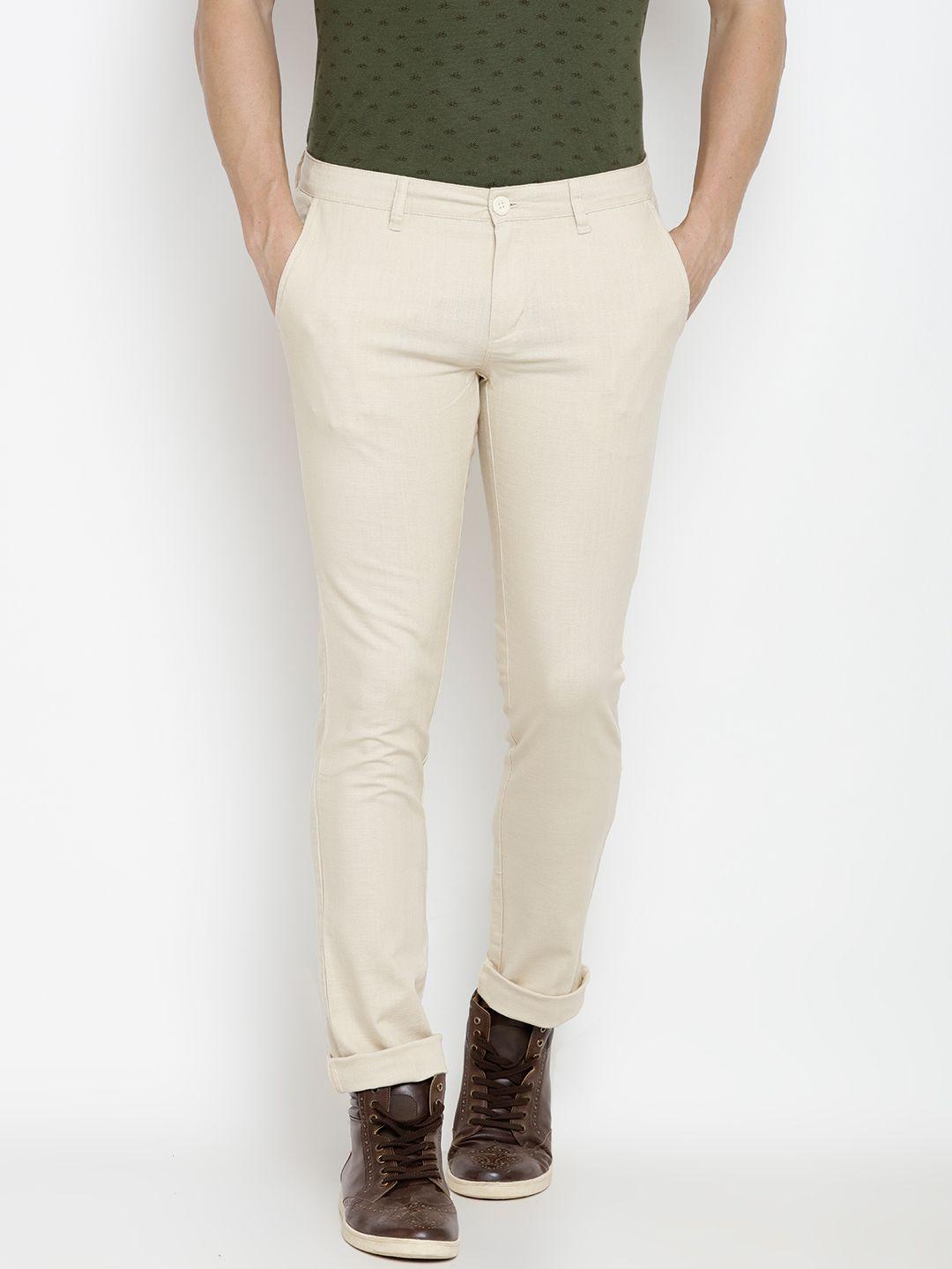 john players men cream-coloured skinny fit solid casual trousers