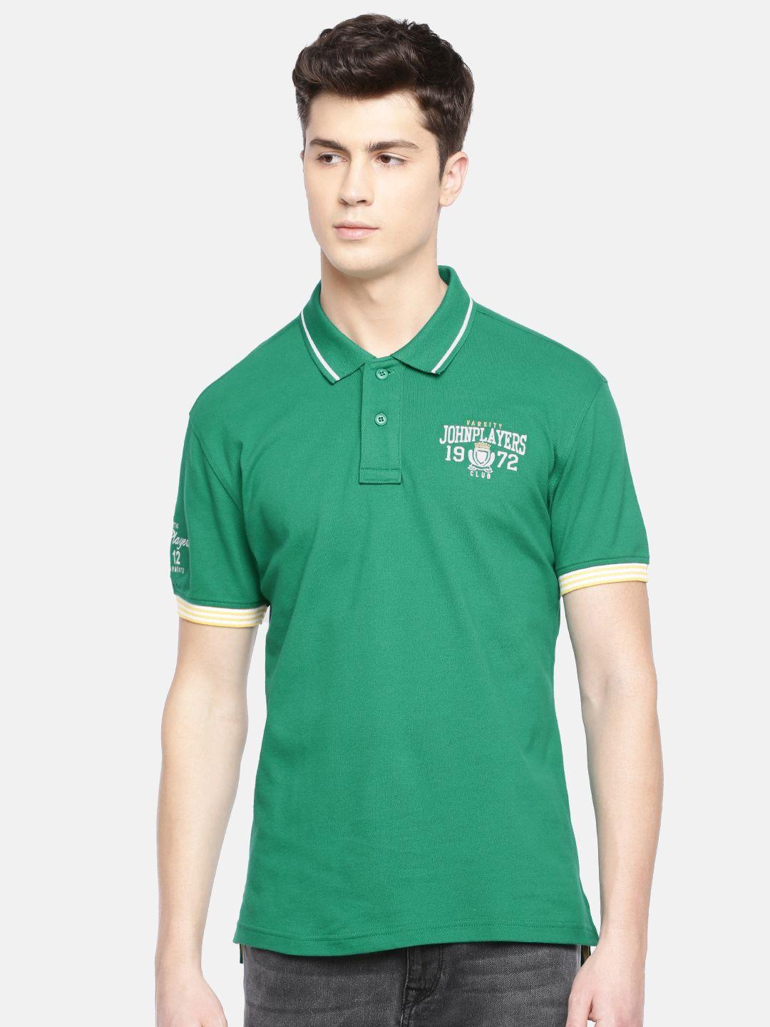 john players men green slim fit solid polo collar t-shirt