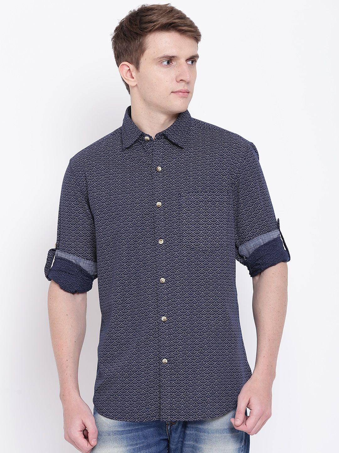 john players men navy blue regular fit printed casual shirt