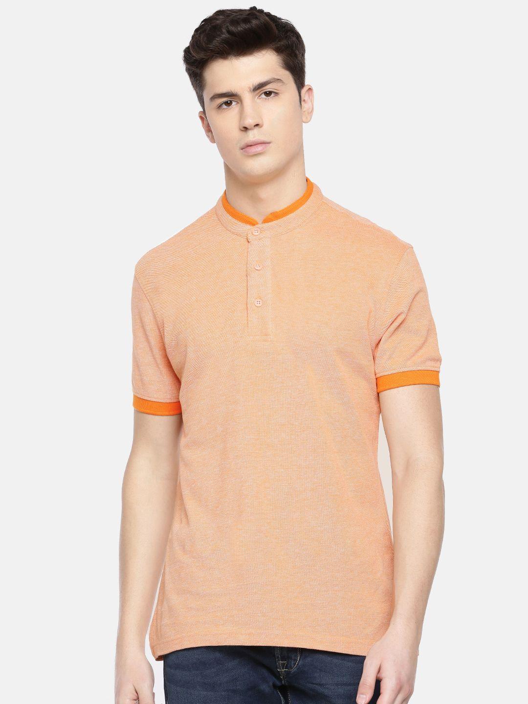 john players men orange slim fit solid mandarin collar pure cotton t-shirt