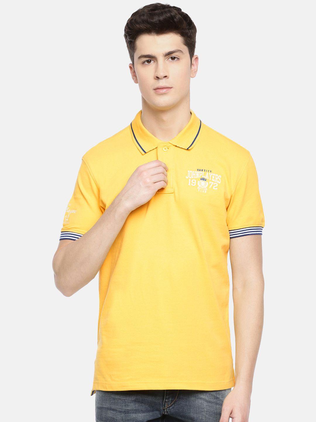 john players men yellow slim fit solid polo collar t-shirt