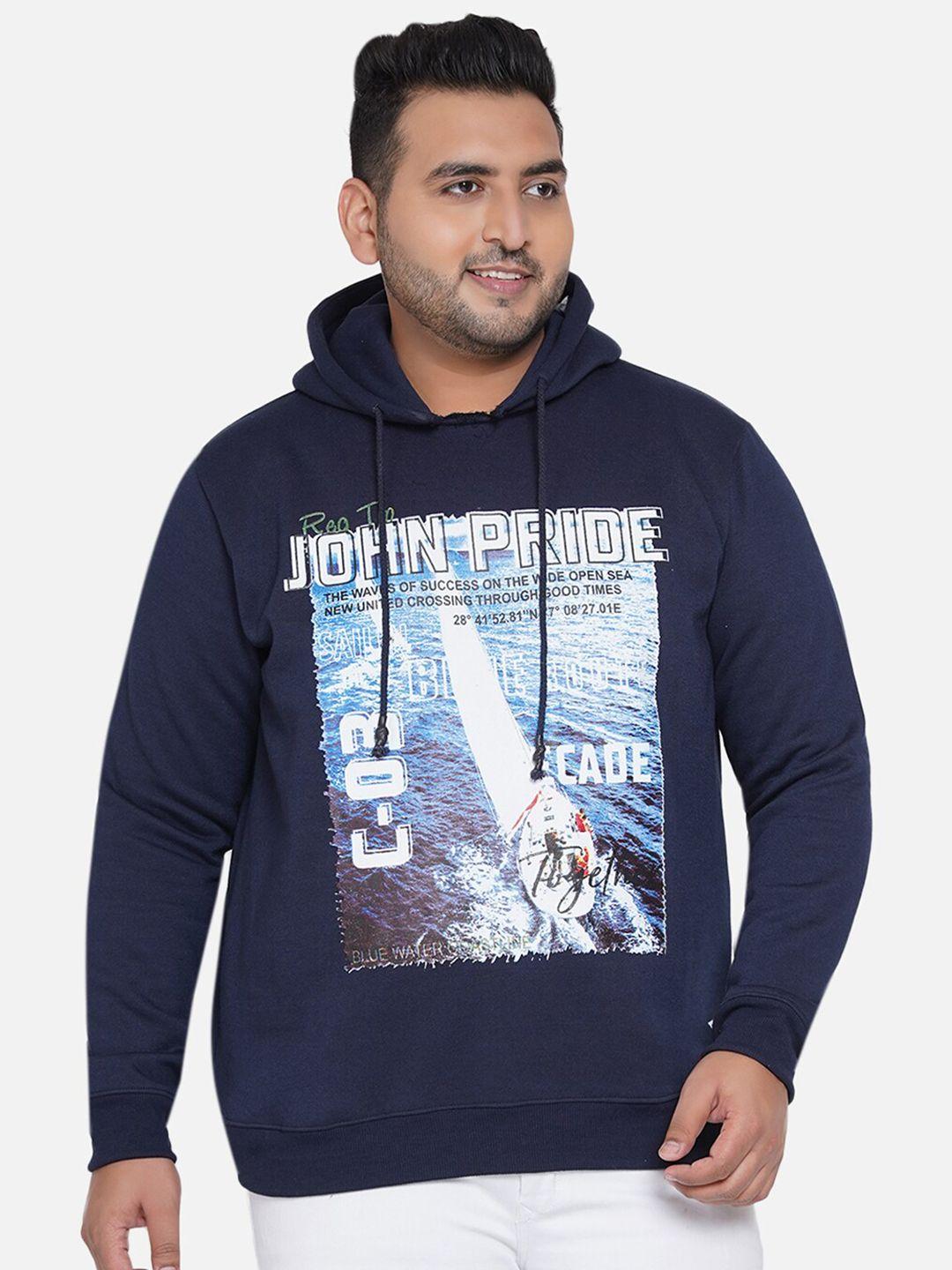 john pride  plus size men navy blue printed hooded sweatshirt