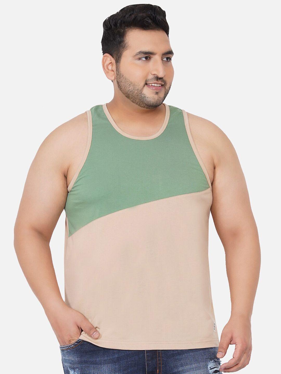 john pride  plus size men tan & green colourblocked cotton t-shirt