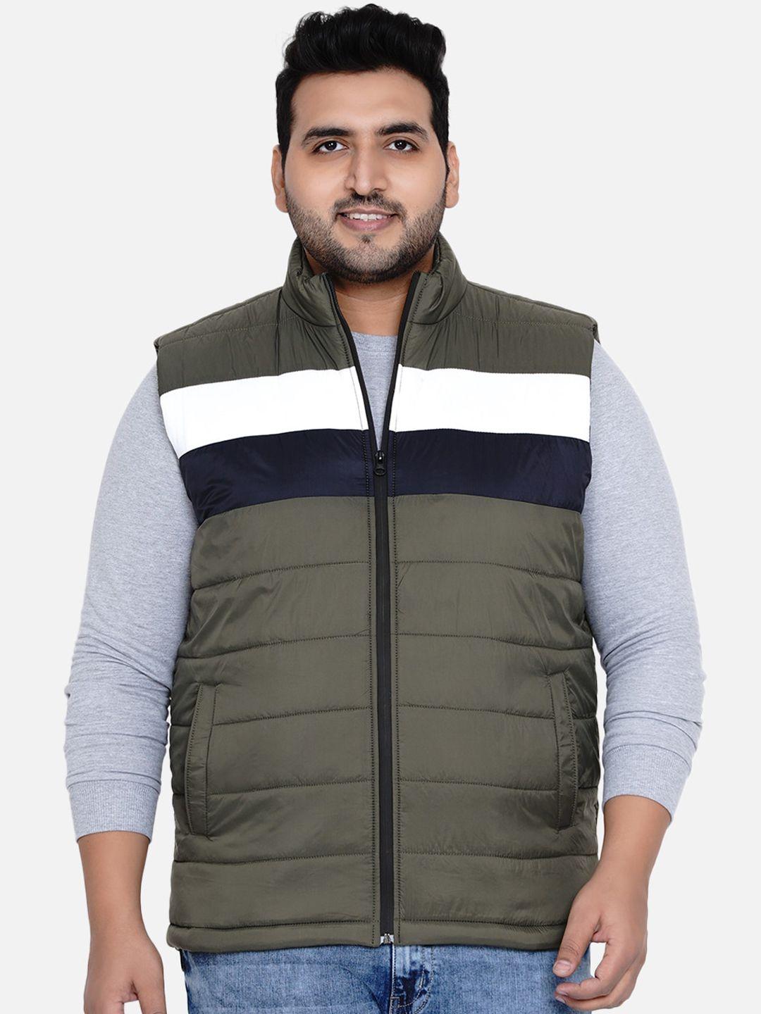 john pride men olive green & white colourblocked quilted jacket