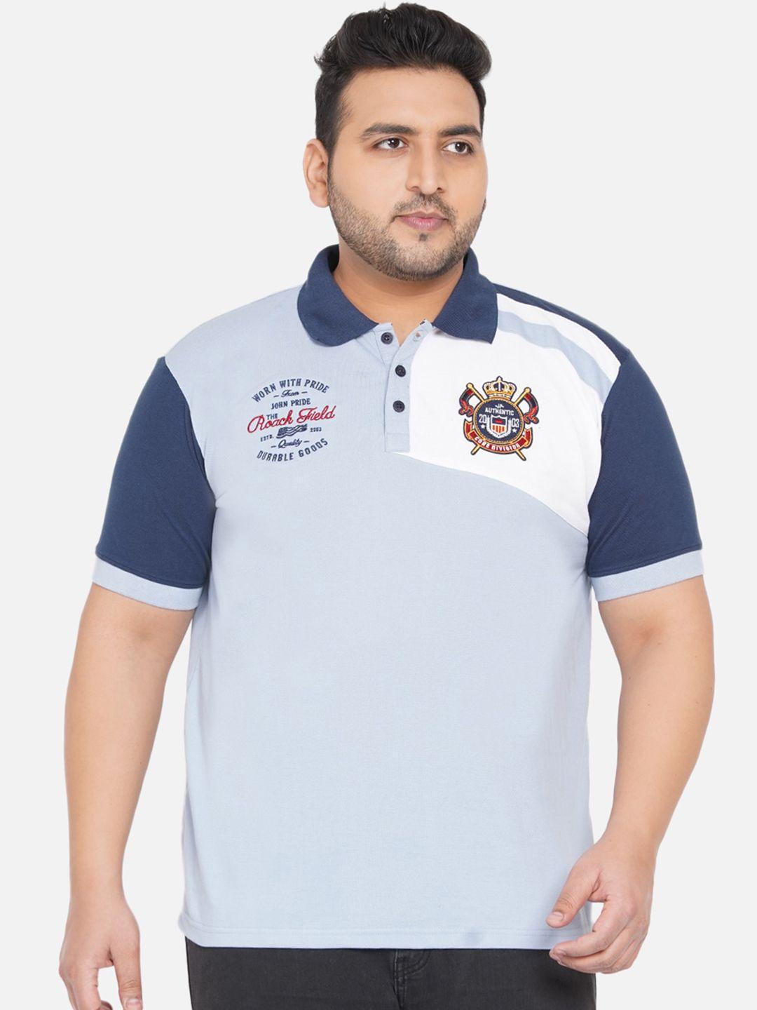 john pride men plus size blue & white colourblocked polo collar bio finish t-shirt