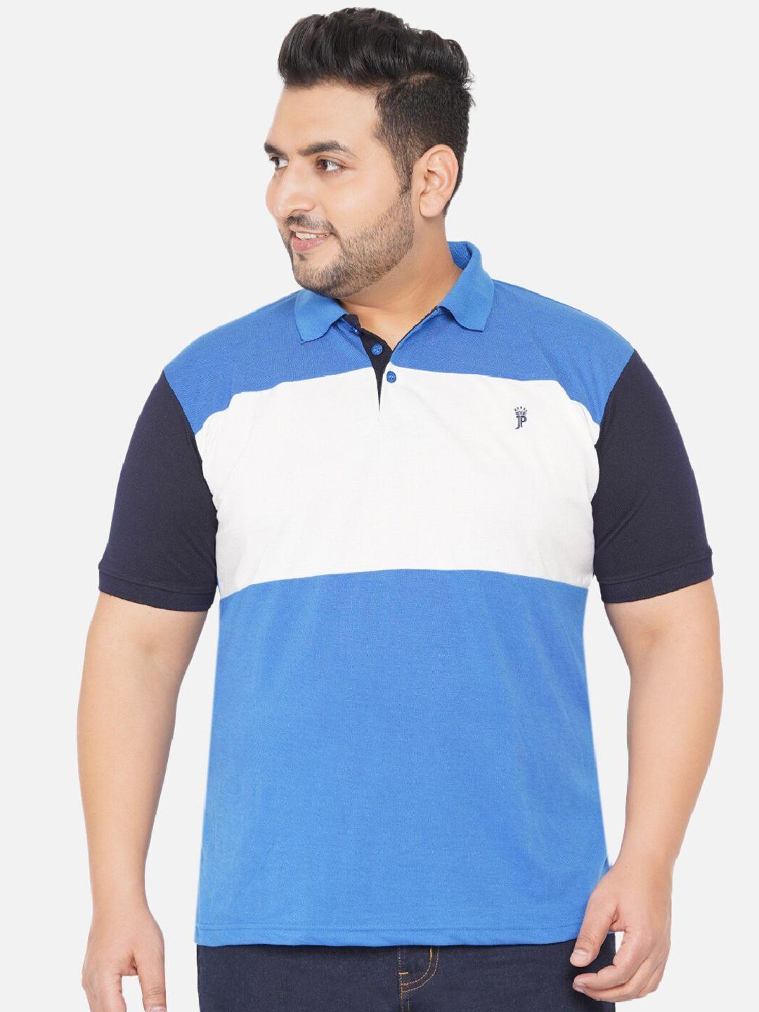 john pride plus size men blue & white colourblocked polo collar t-shirt