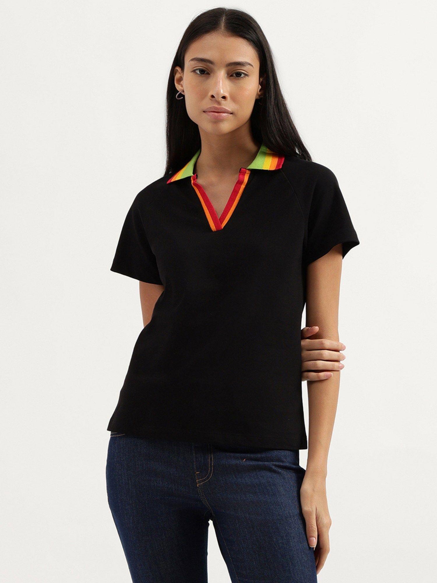 johny collar black solid t-shirt for women