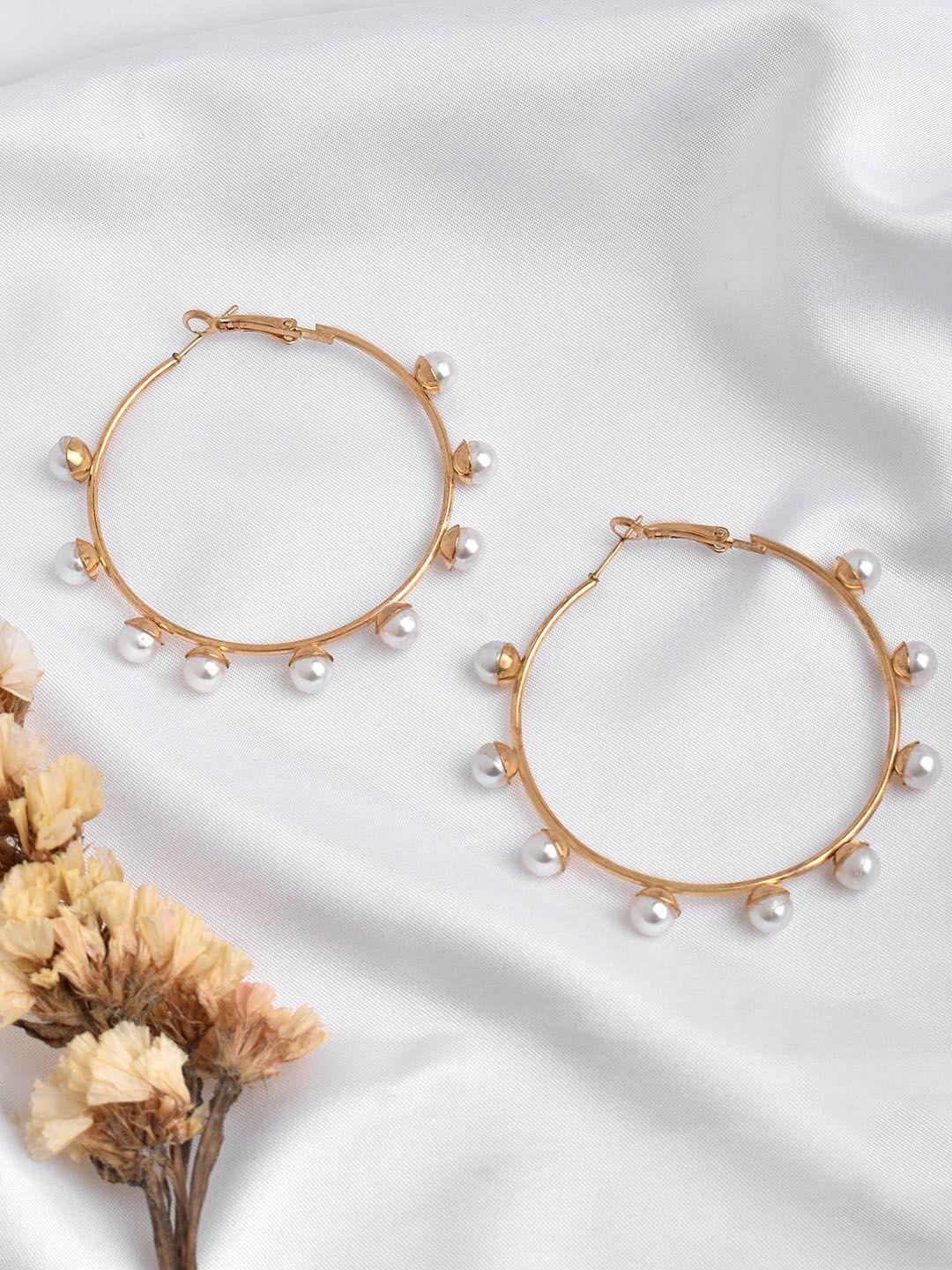 joker & witch white & gold-toned contemporary pearl hoop earrings