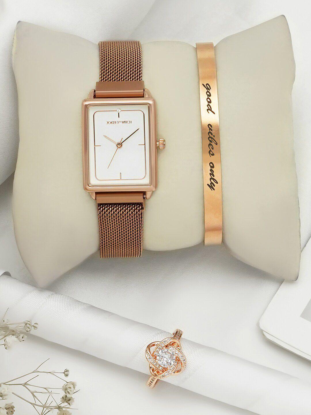 joker & witch women rose gold toned analogue watch with bracelet and ring gift set