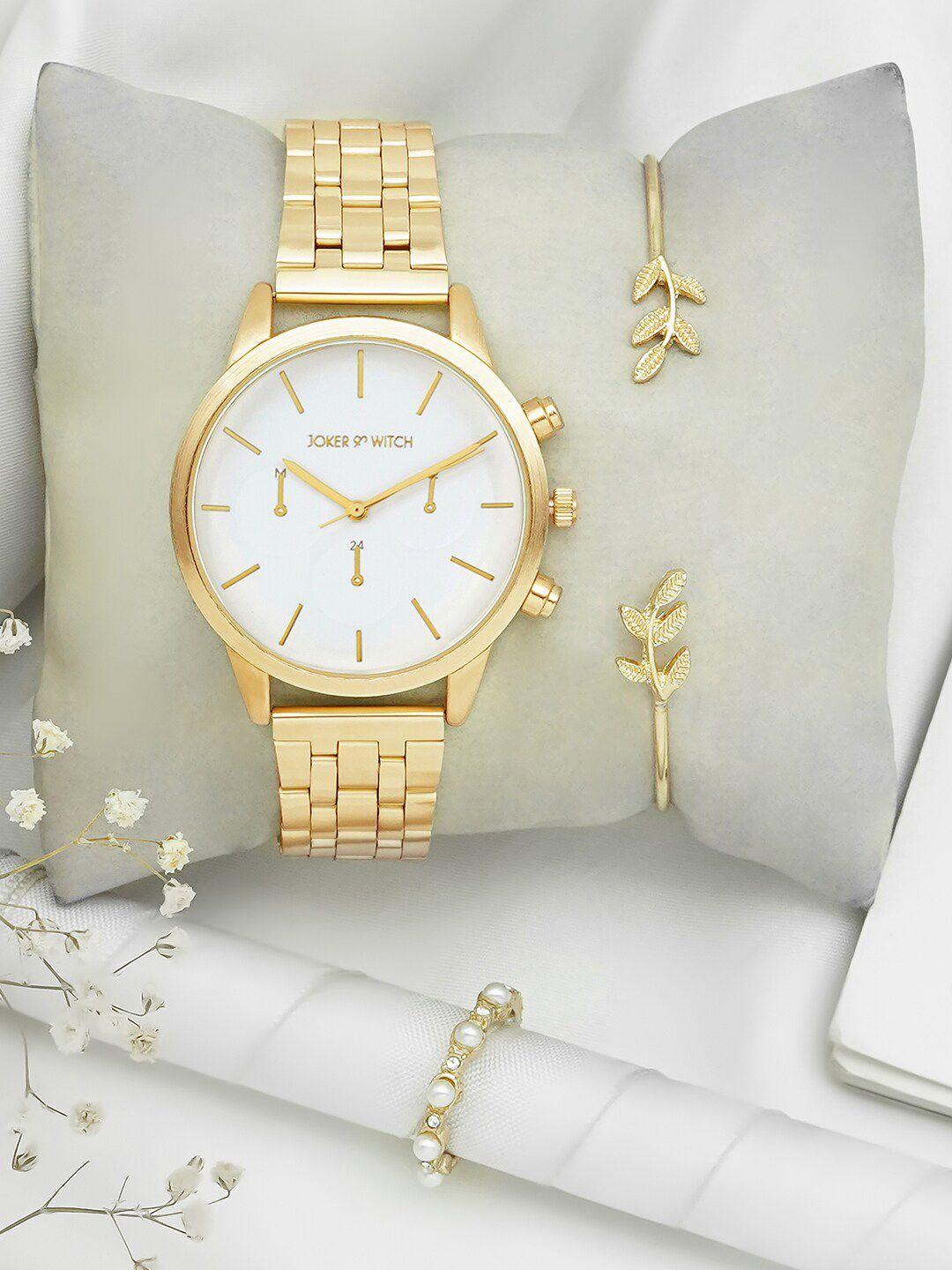 joker & witch women white dial & gold toned stainless steel bracelet style straps analogue watch jwlt631