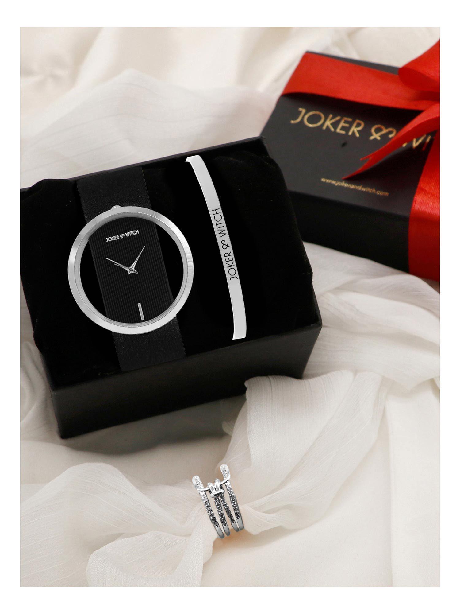 joker & witch black love triangle watch & bracelet with ring for women (pack of 3) (jwlt56)