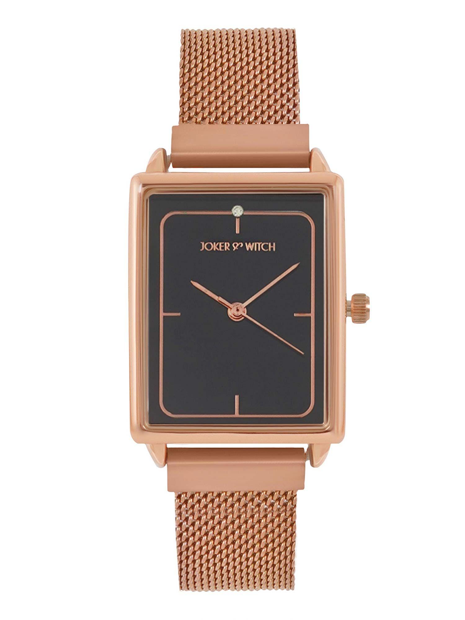 joker & witch quad grey rectangle dial rose gold mesh strap analog womens watch
