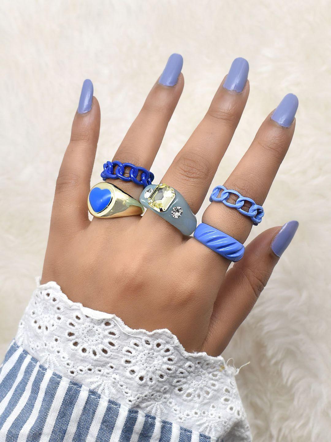 joker & witch set of 5 gold-toned & blue adjustable finger ring