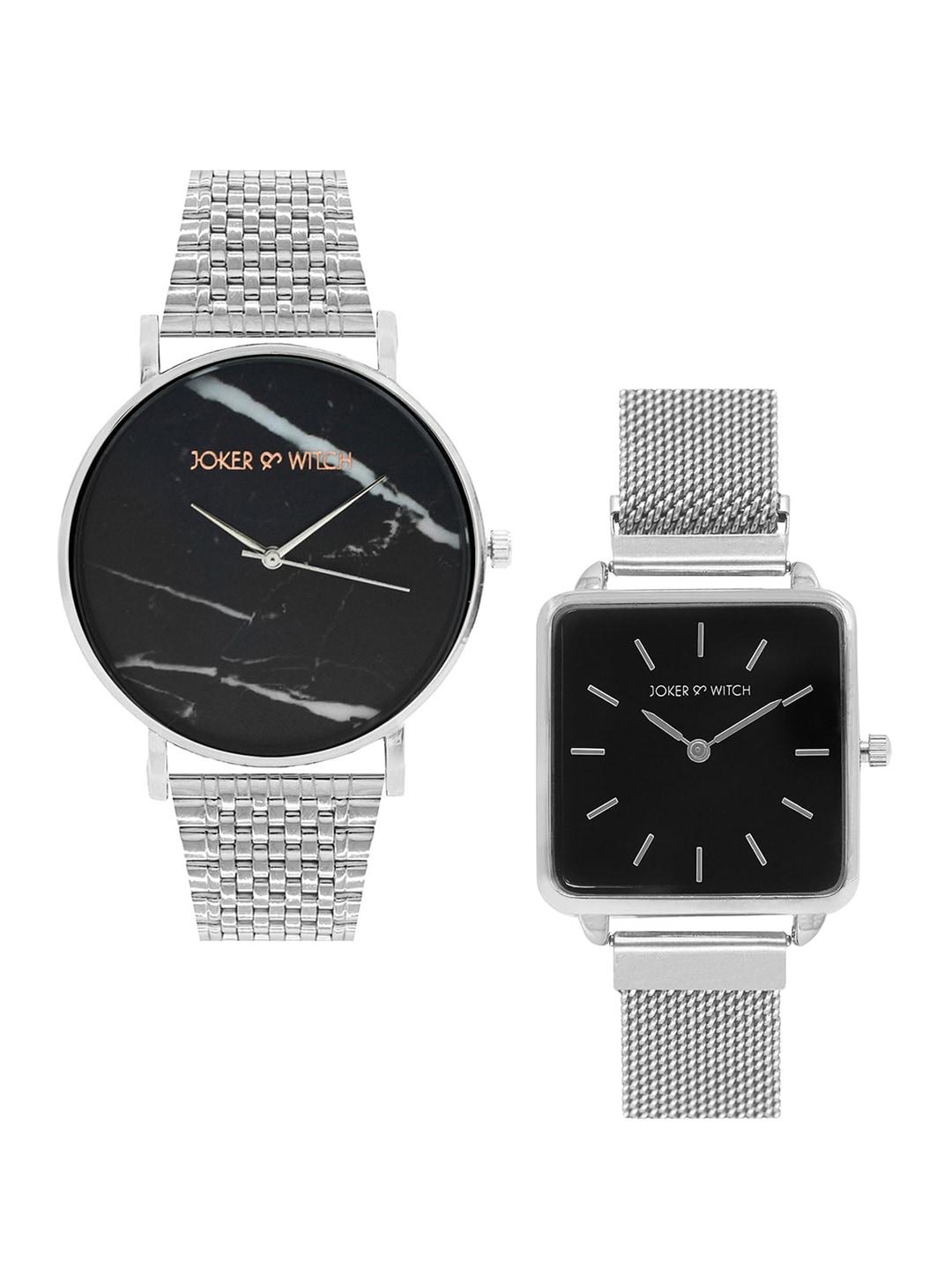 joker & witch unisex black & silver-toned maddy & ollie couple watch gift set