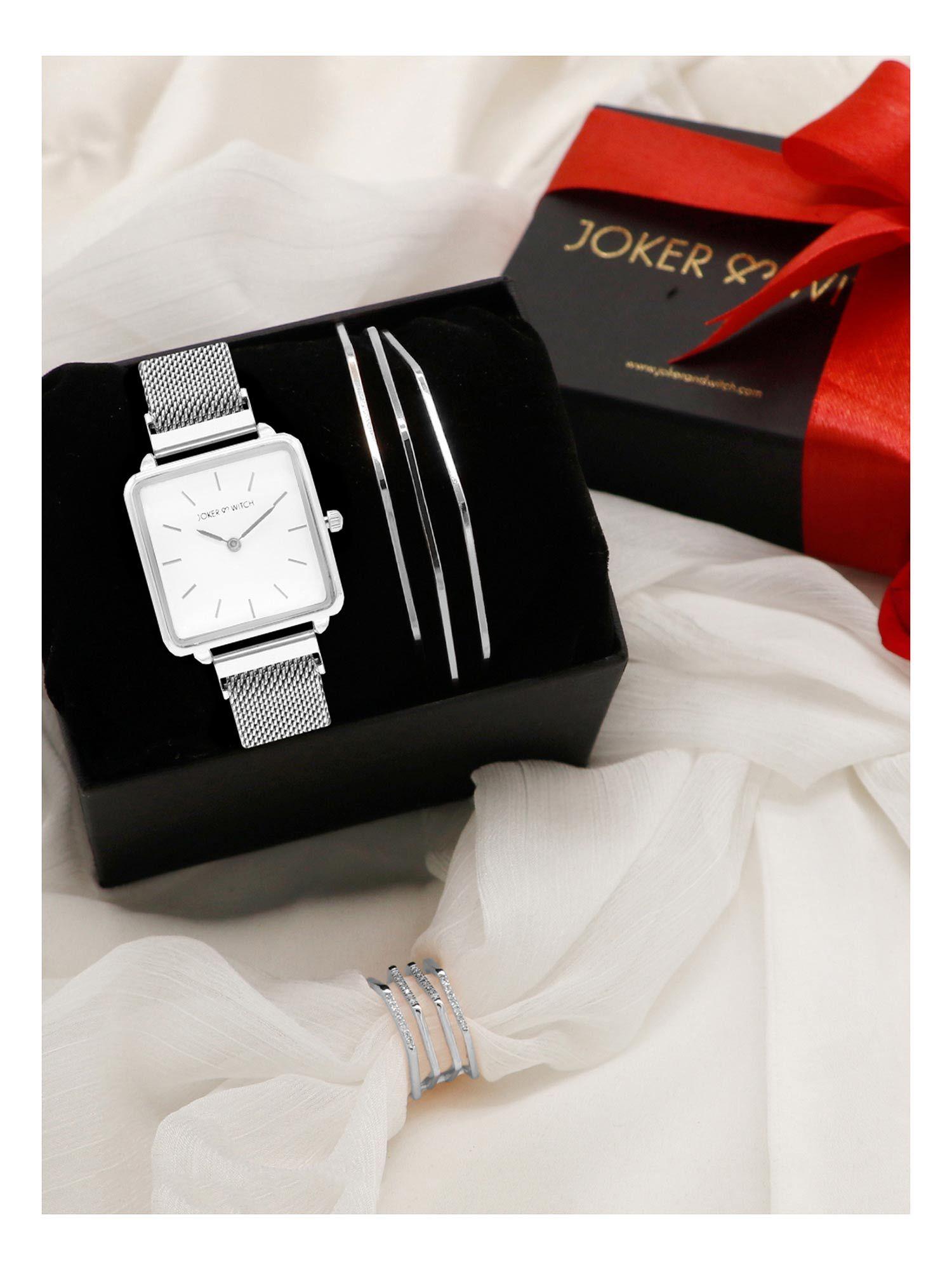 joker & witch white love triangle watch & bracelet with ring for women (pack of 3) (jwlt43)