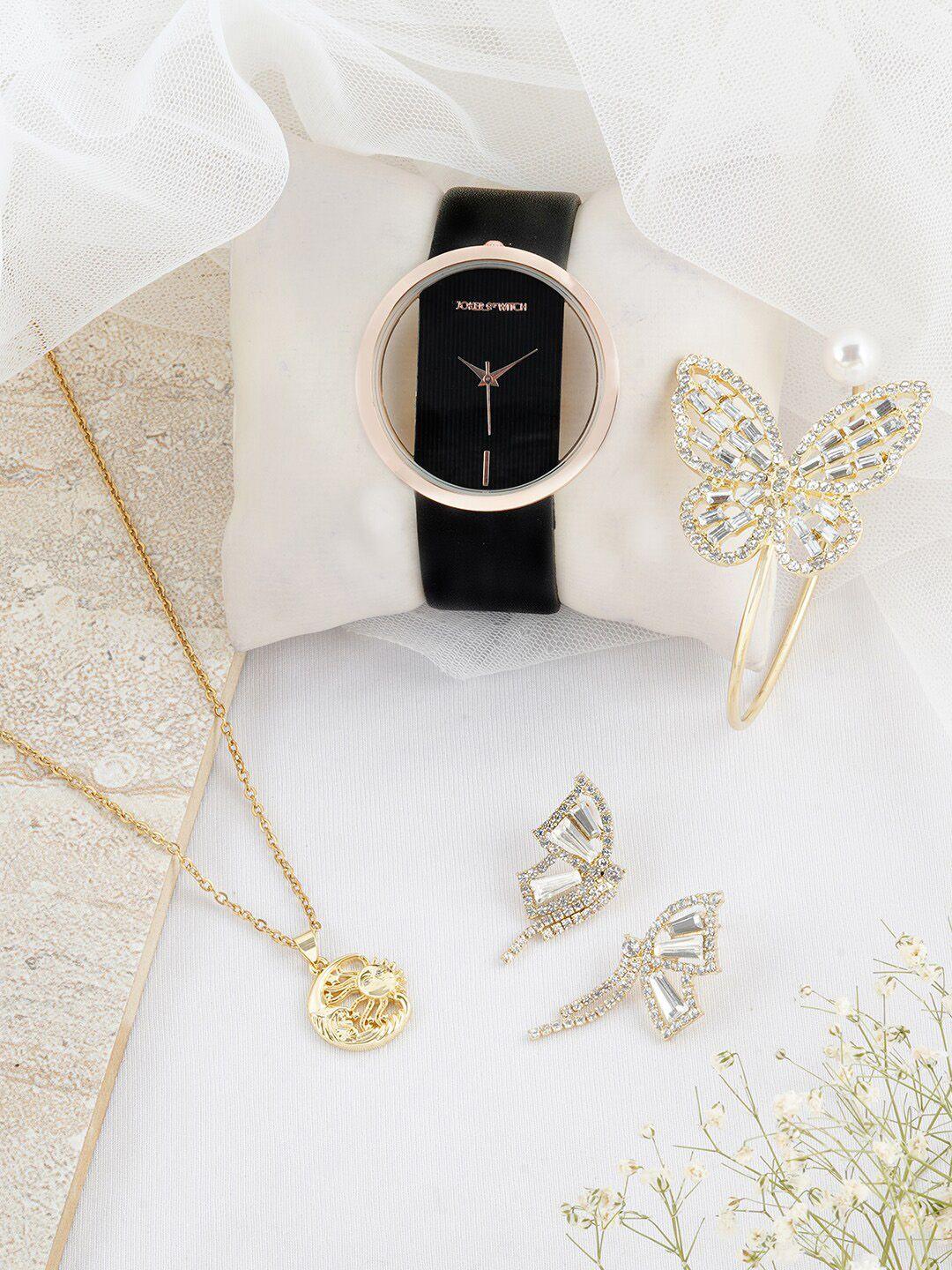 joker & witch women black & gold-toned watch & jewellery gift set jwls394