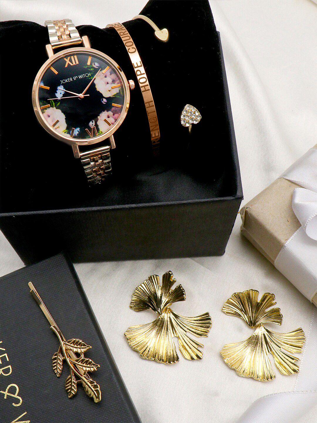 joker & witch women black & gold-toned watch gift set