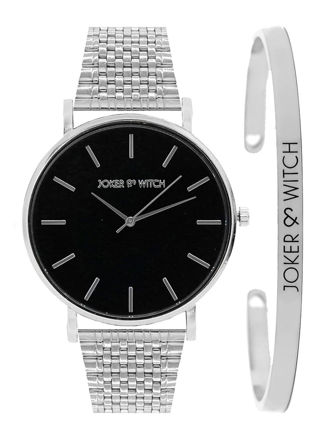 joker & witch women black & silver toned bling watch & bracelet gift set