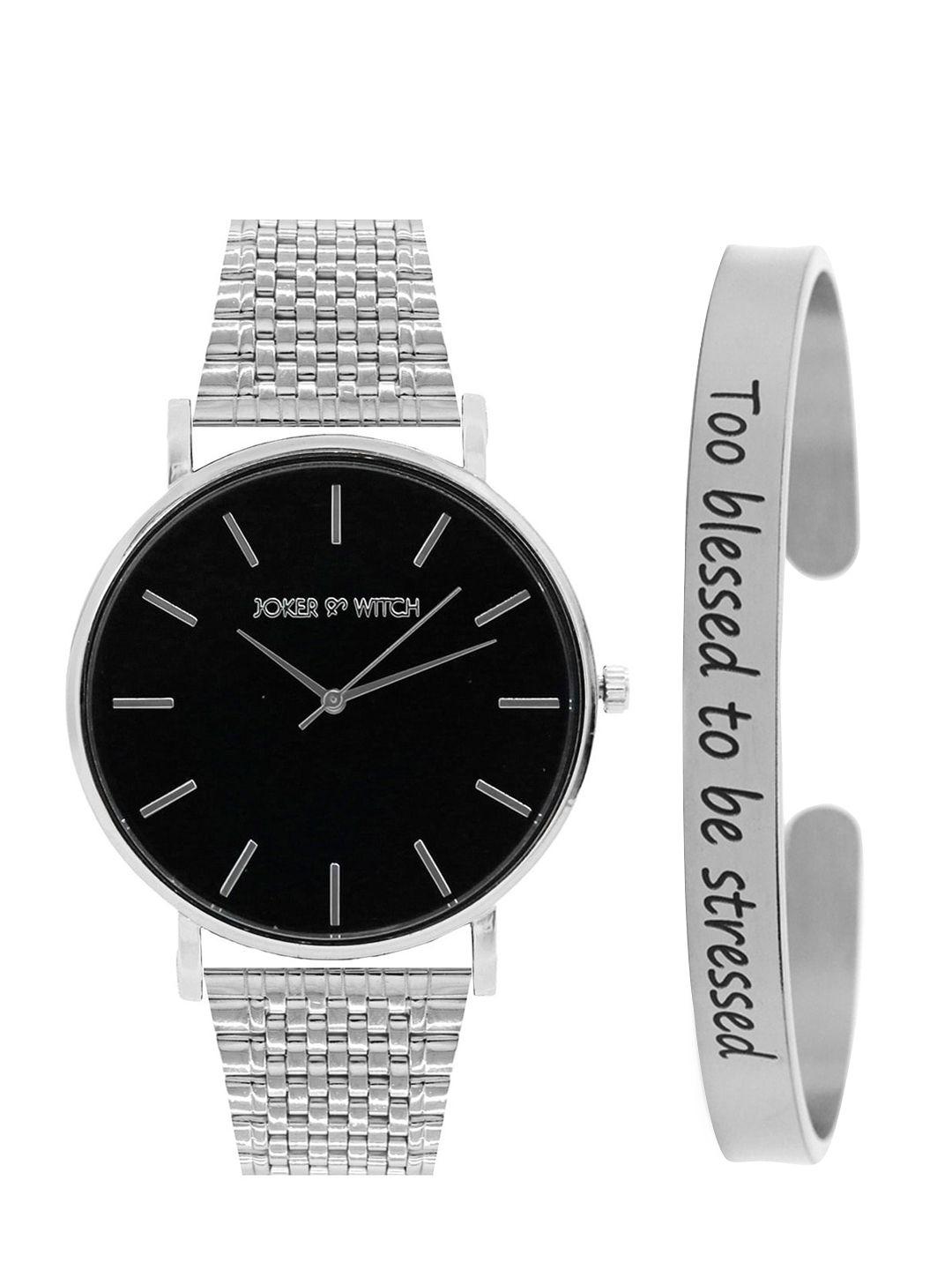joker & witch women black & silver-toned watch & bracelet gift set jwbs371