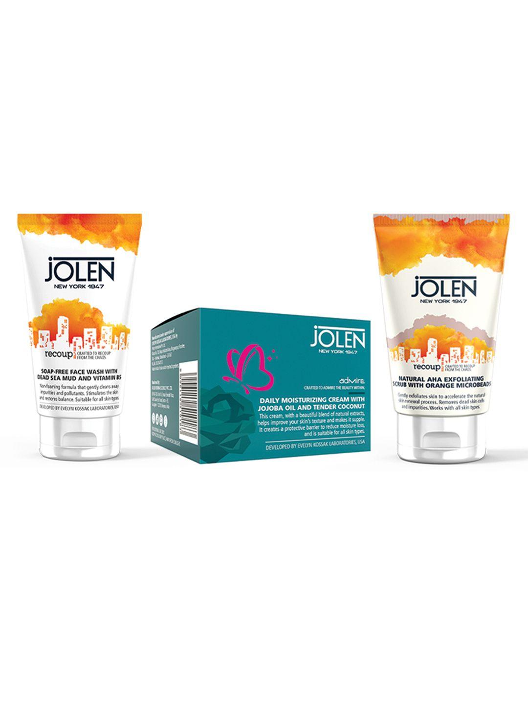 jolen new york recoup face wash 125ml + aha scrub 100ml + daily moisturizing cream 50g