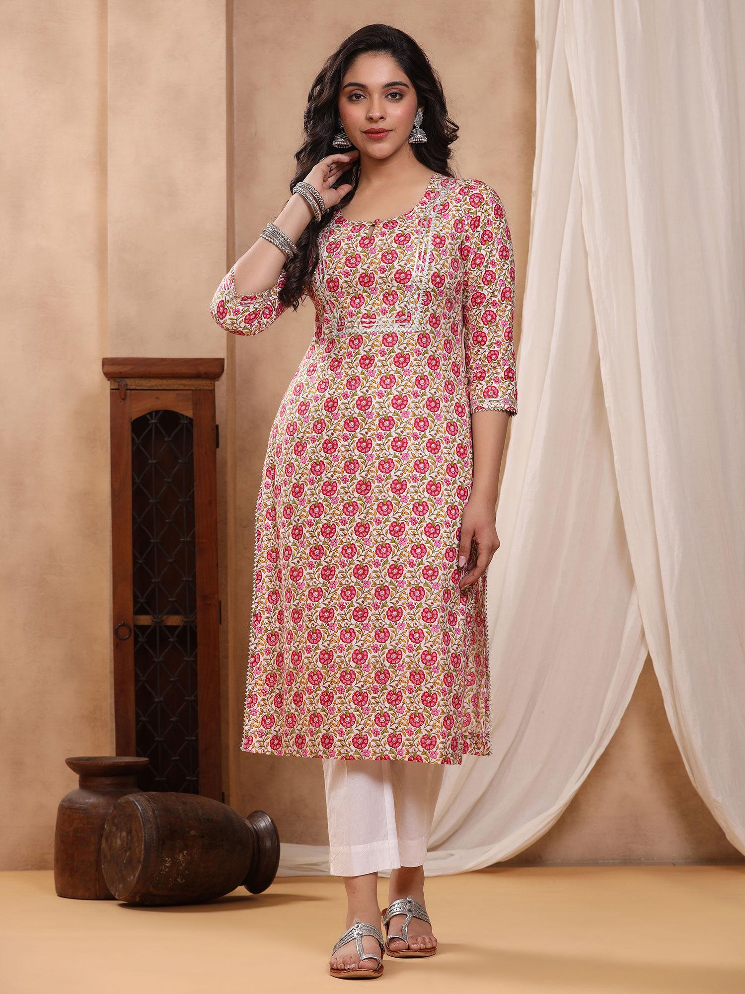 jolly magenta block print kurti with gota lace