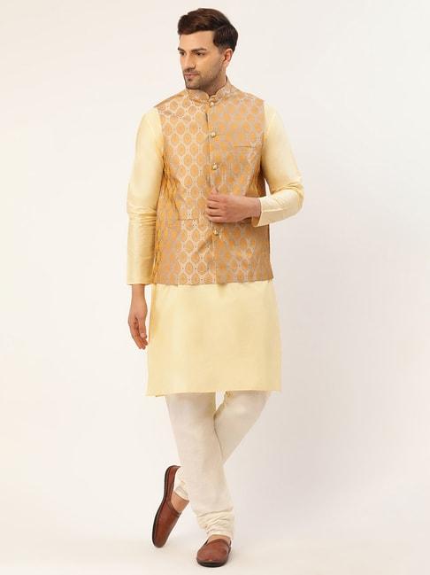 jompers beige regular fit embroidered kurta set with jacket