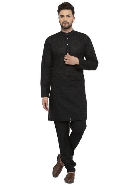 jompers black cotton regular fit embroidered kurta set