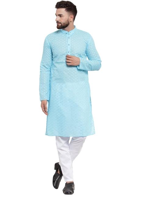 jompers blue cotton regular fit embroidered kurta set