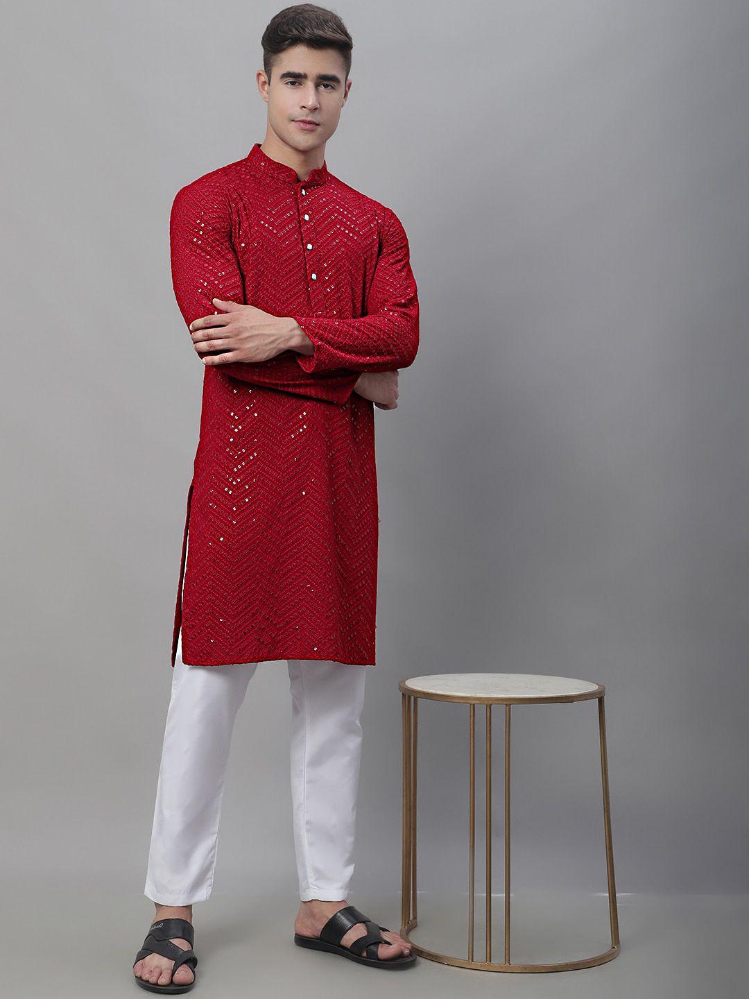 jompers embellished mandarin collar regular sequined pure cotton kurta with pyjamas