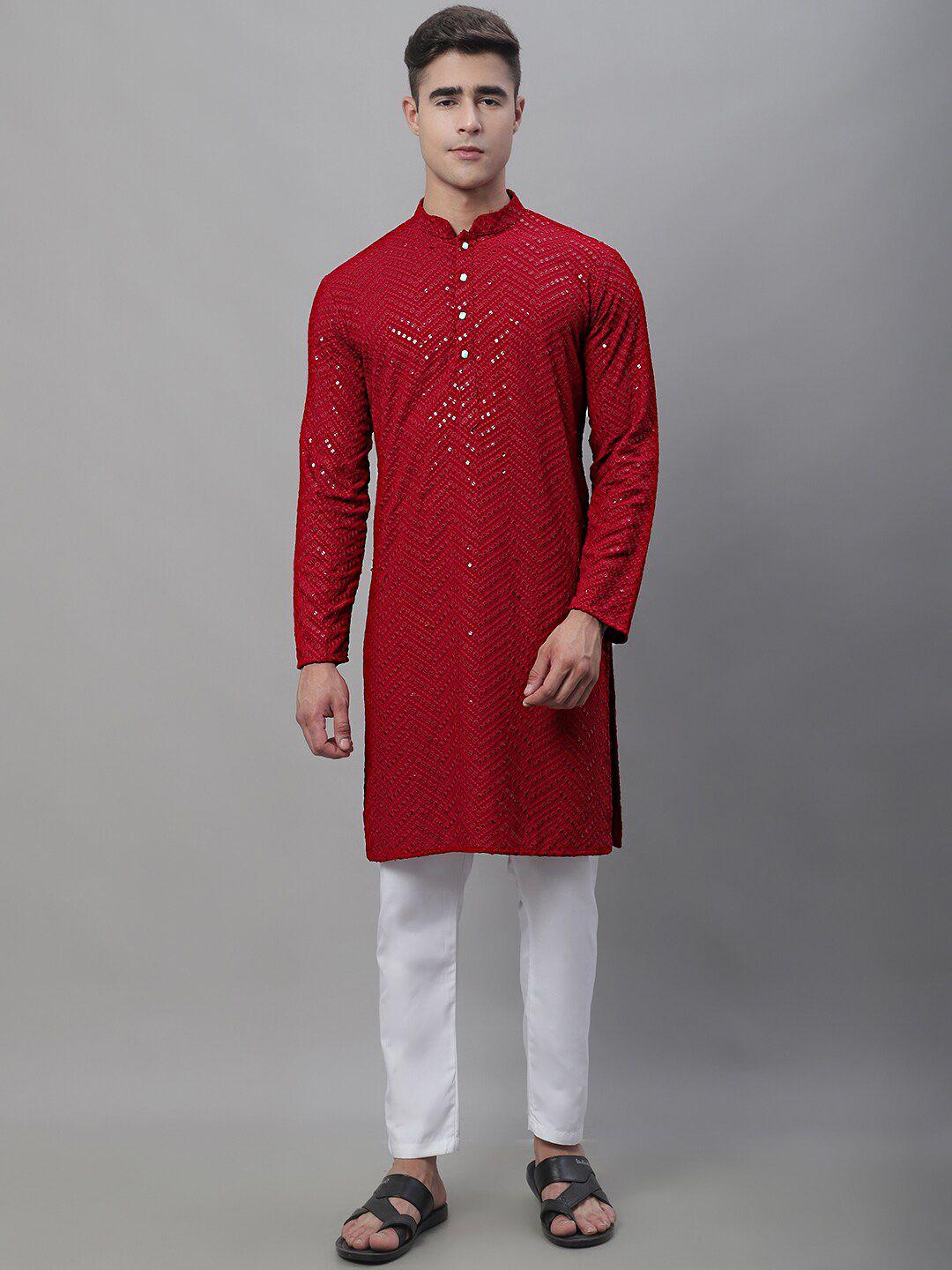 jompers embroidered mandarin collar sequined pure cotton straight kurta