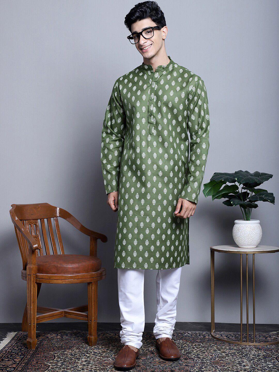 jompers ethnic motifs printed mandarin collar pure cotton straight kurta & churidar