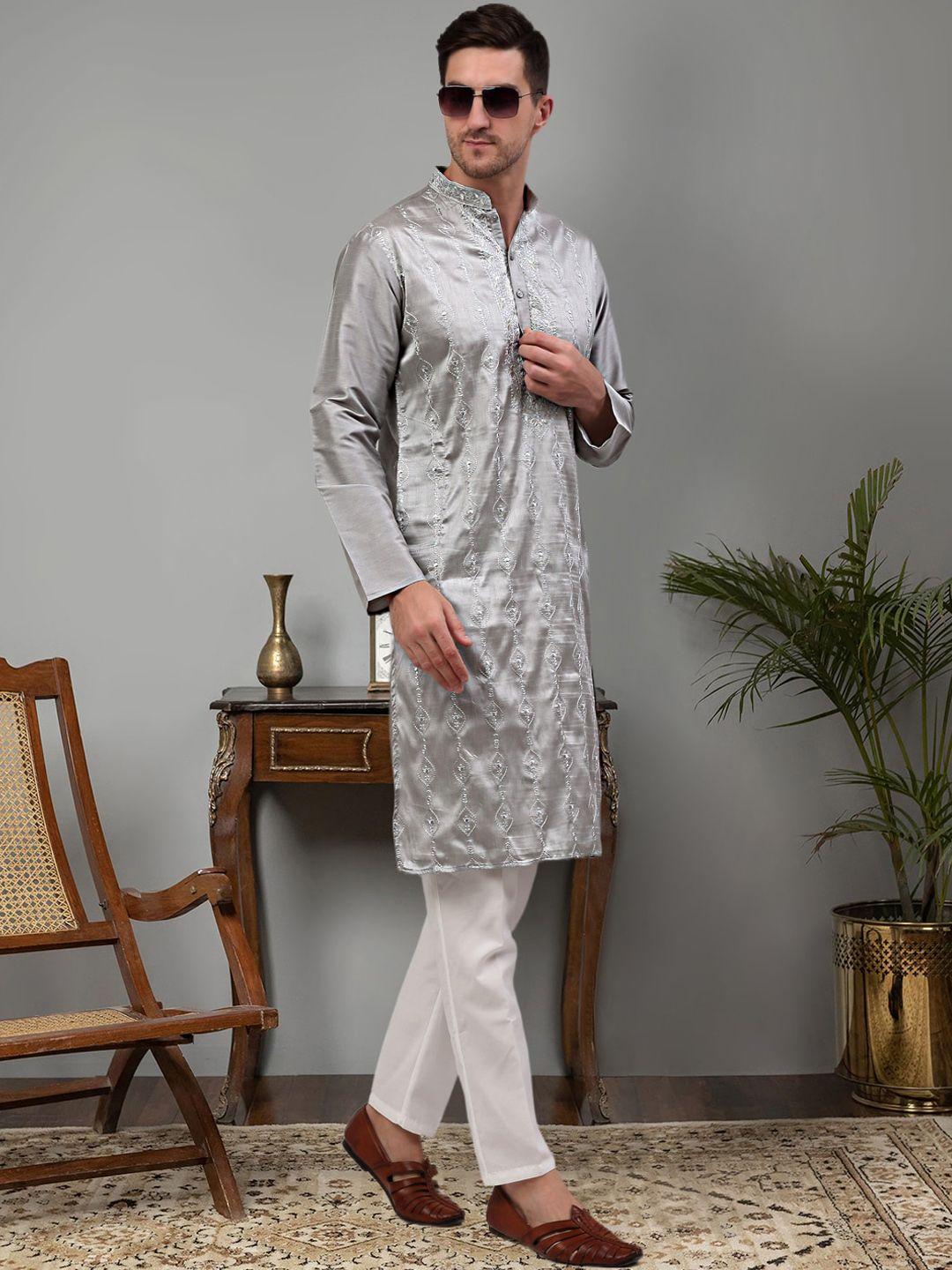 jompers floral embroidered mandarin collar sequined kurta with pyjamas