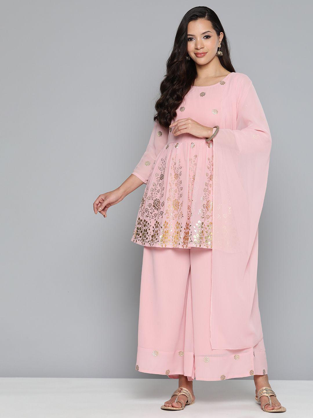 jompers floral printed pleated kurta with palazzos & with dupatta