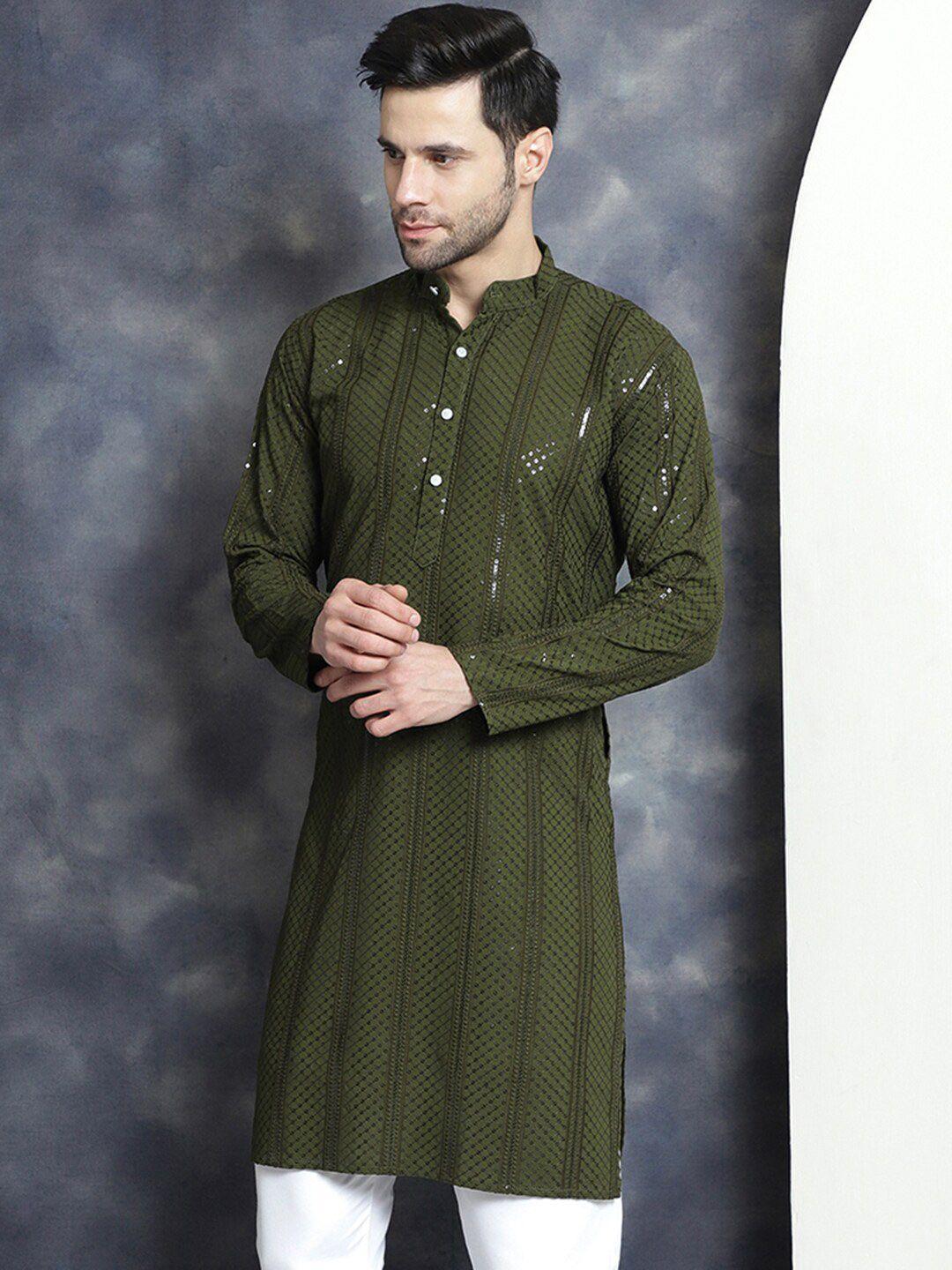 jompers geometric sequins embroidered band collar kurta