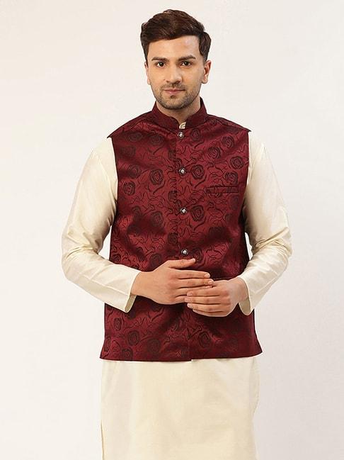 jompers maroon regular fit self pattern nehru jacket