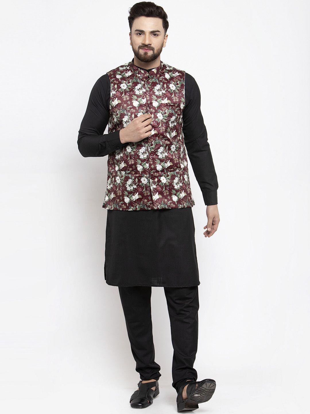 jompers men black & maroon solid kurta with churidar