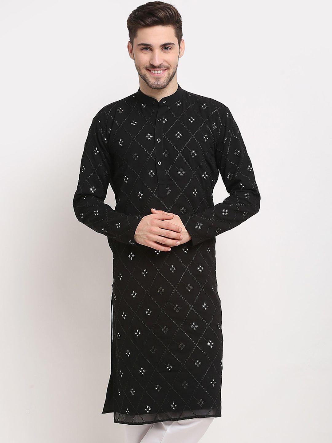 jompers men black & white geometric embroidered georgette kurta